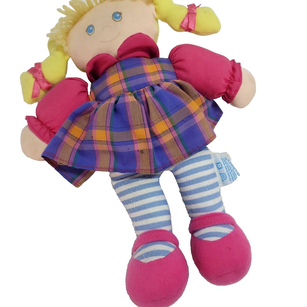 Eden Clothe Doll Blonde Stuffed Girl 10" Toy Plaid Dress Pigtails Bows - Picture 3 of 10